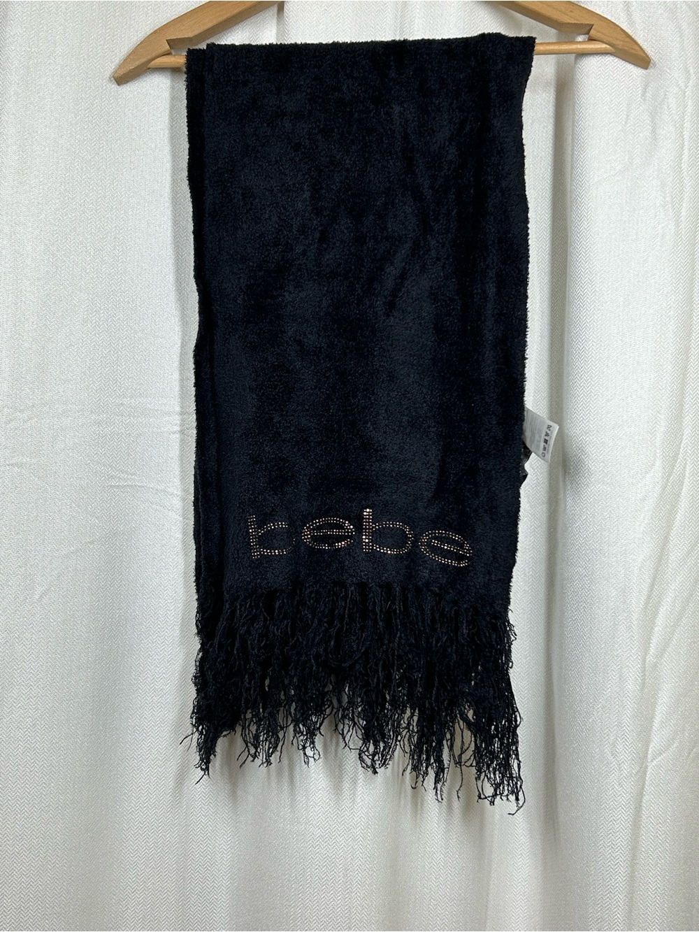 Bebe Rhinestone Logo Plush Fringe Scarf One Size Sparkling